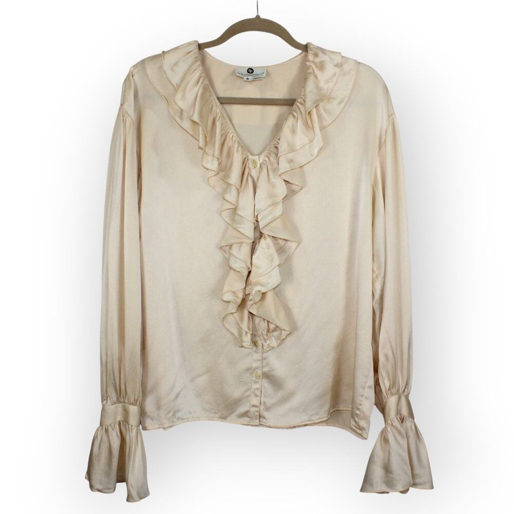 Vintage San Francisco Clothing Silk Charmeuse Ruffle Peasant Blouse Butter Small